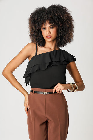 Blusa Ombro Único Com Babados - PRETO