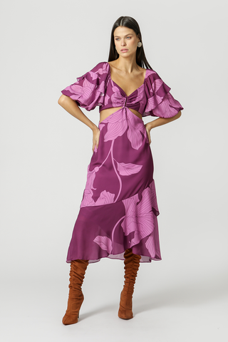 Vestido midi con mangas abullonadas - MORADO 1205