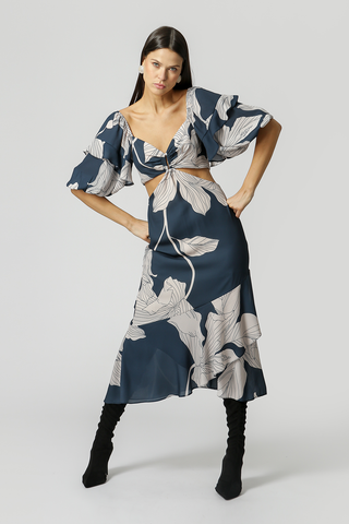 Vestido midi con mangas abullonadas - AZUL MARINO 1205