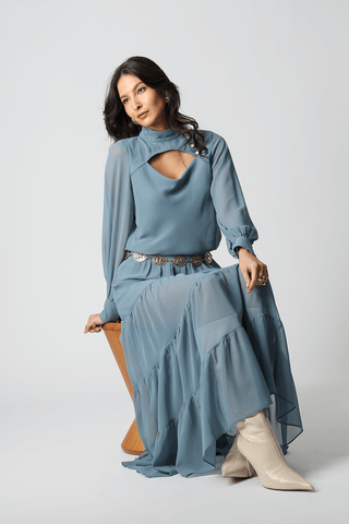Saia Longa Com Babados - DENIM