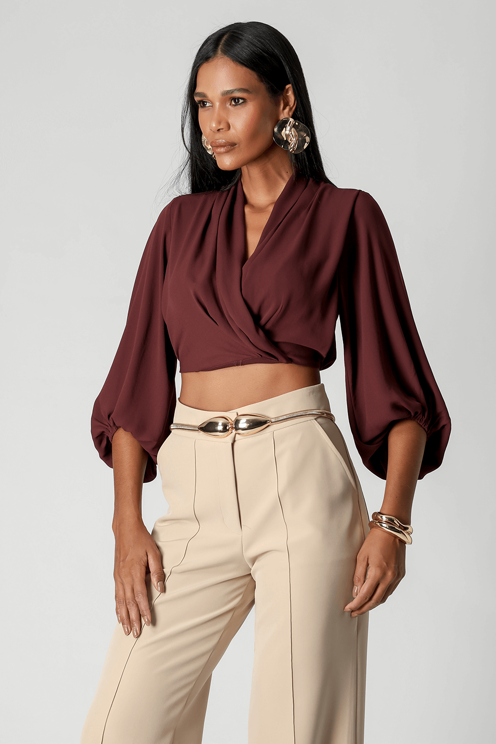 Blusa Transpassada Manga Longa Bufante