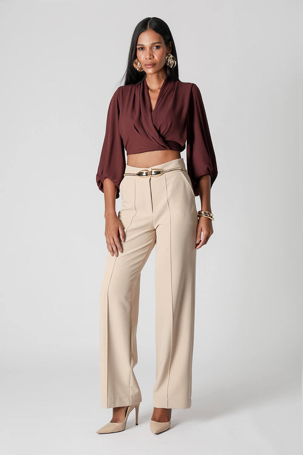 Blusa Transpassada Manga Longa Bufante