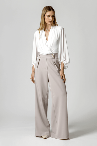 Blusa cruzada con mangas largas abullonadas - BLANCO ROJO