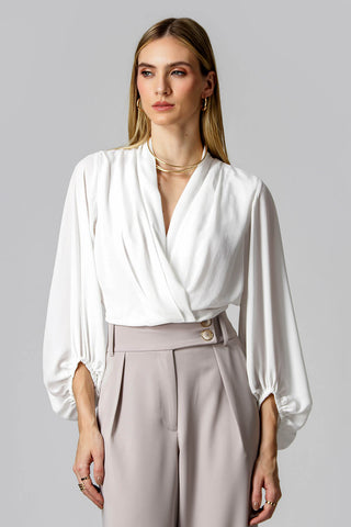 Blusa cruzada con mangas largas abullonadas - BLANCO ROJO
