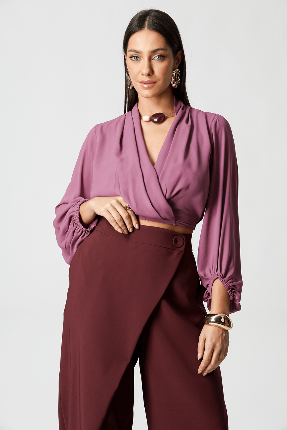 Blusa Transpassada Manga Longa Bufante