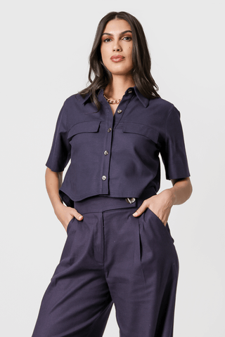 Camisa Com Lapela Manga Midi - MARINHO