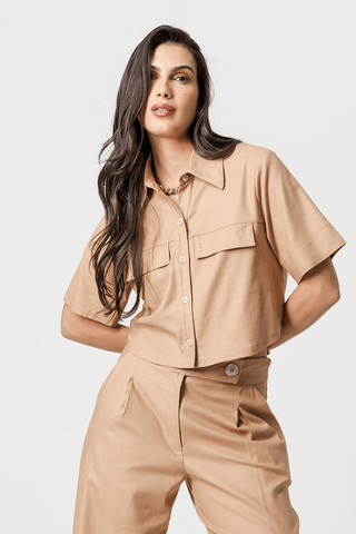 Camisa Com Lapela Manga Midi - BEGE ESC