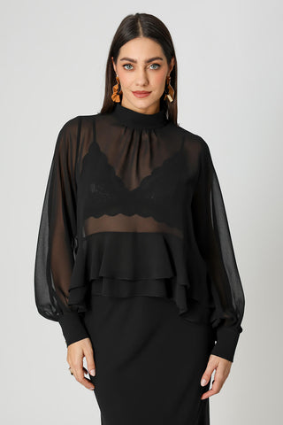 Blusa Bufante Em Chiffon - PRETO