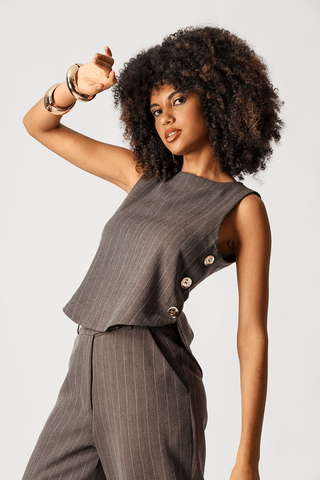 Blusa Risca De Giz Com Botões Laterais - CAFE 90163