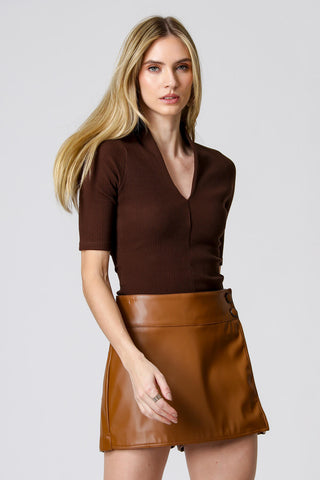 Blusa Canelada Decote Profundo - CAFE