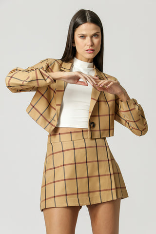 Blazer Cropped Xadrez - BEGE