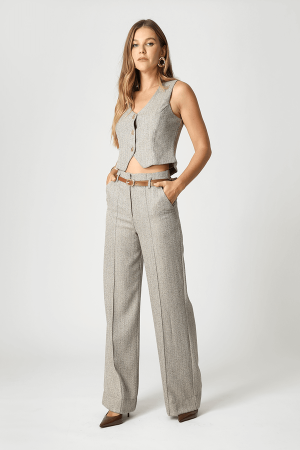 Calça Pantalona Jacquard Chevron Com Cinto