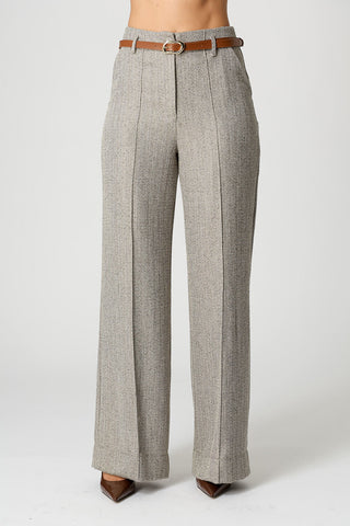 Calça Pantalona Jacquard Chevron Com Cinto - KAKI 90162