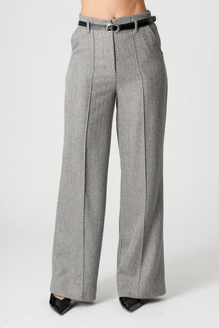 Calça Pantalona Jacquard Chevron Com Cinto - CINZA 90162