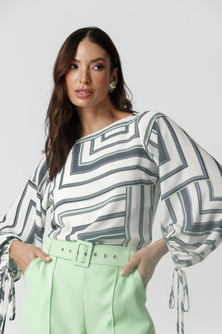 Blusa Manga Laço Estampado - MARINHO 7169