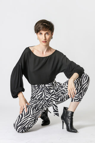 Blusa de tejido mixto con mangas abullonadas - NEGRO