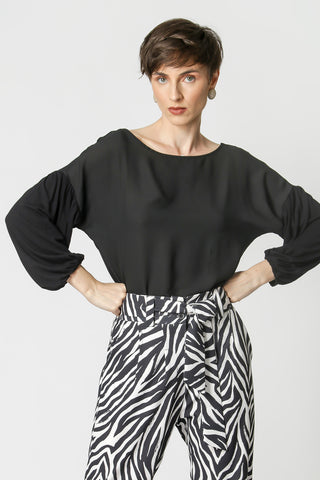 Blusa de tejido mixto con mangas abullonadas - NEGRO