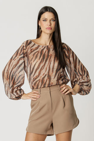 Blusa Manga Longa Estampada - MARROM 2085