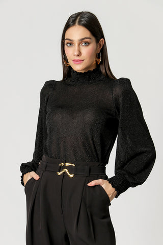 Blusa Lastex Gola E Punho - PRETO