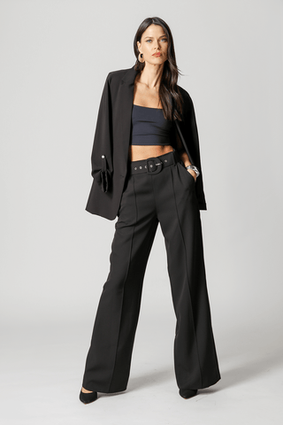 Pantalones anchos con cinturón y forro - NEGRO