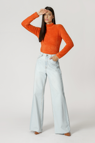 Blusa de cuello alto con estampado de flocado - NARANJA