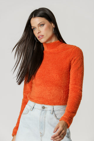 Blusa de cuello alto con estampado de flocado - NARANJA