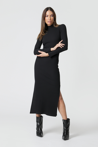 Vestido midi de cuello alto - NEGRO