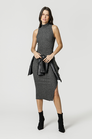 Vestido midi con cuello - PLATA