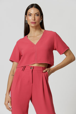 Blusa Cropped con Cuello en V - GOIABA