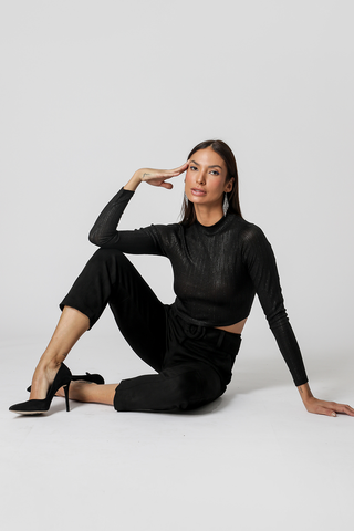 Blusa Cropped Manga Longa - PRETO