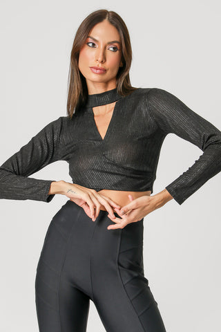 Blusa Brilho com Abertura no Decote - PRETO