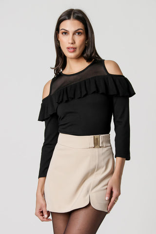 Blusa de Retilínea com Babado Ombro a Ombro - PRETO