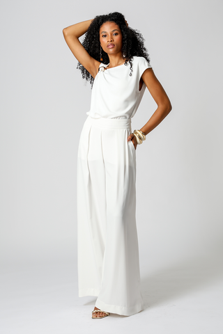 Calça Pantalona Com Prega Frontal - OFF WHITE
