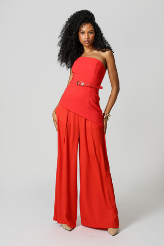 Calça Pantalona Com Prega Frontal - VERMELHO