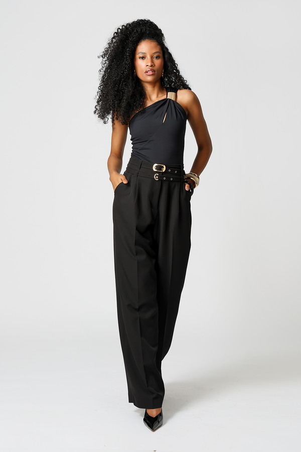 Calça Alfaiataria Com Pregas e Cintos - PRETO