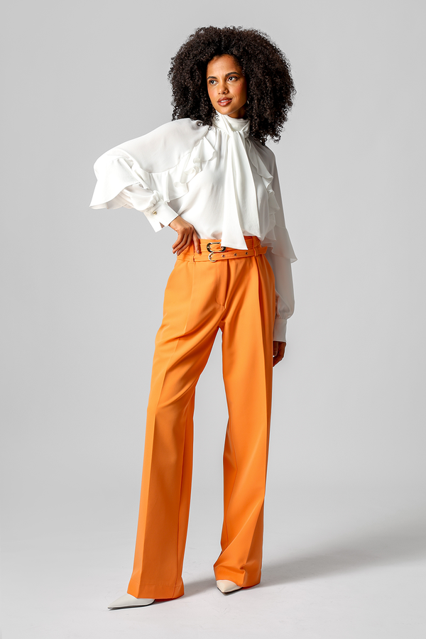 Calça Alfaiataria Com Pregas e Cintos - TANGERINA