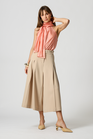 Calça Midi Boca Ampla Com Pregas - AREIA