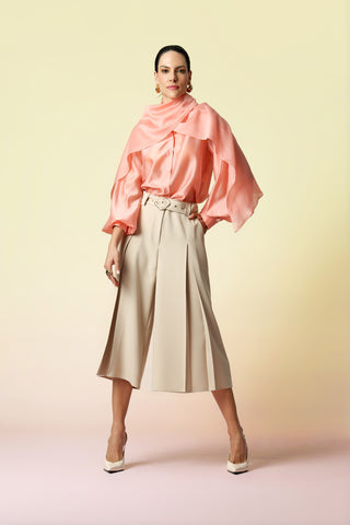 Calça Midi Boca Ampla Com Pregas - AREIA