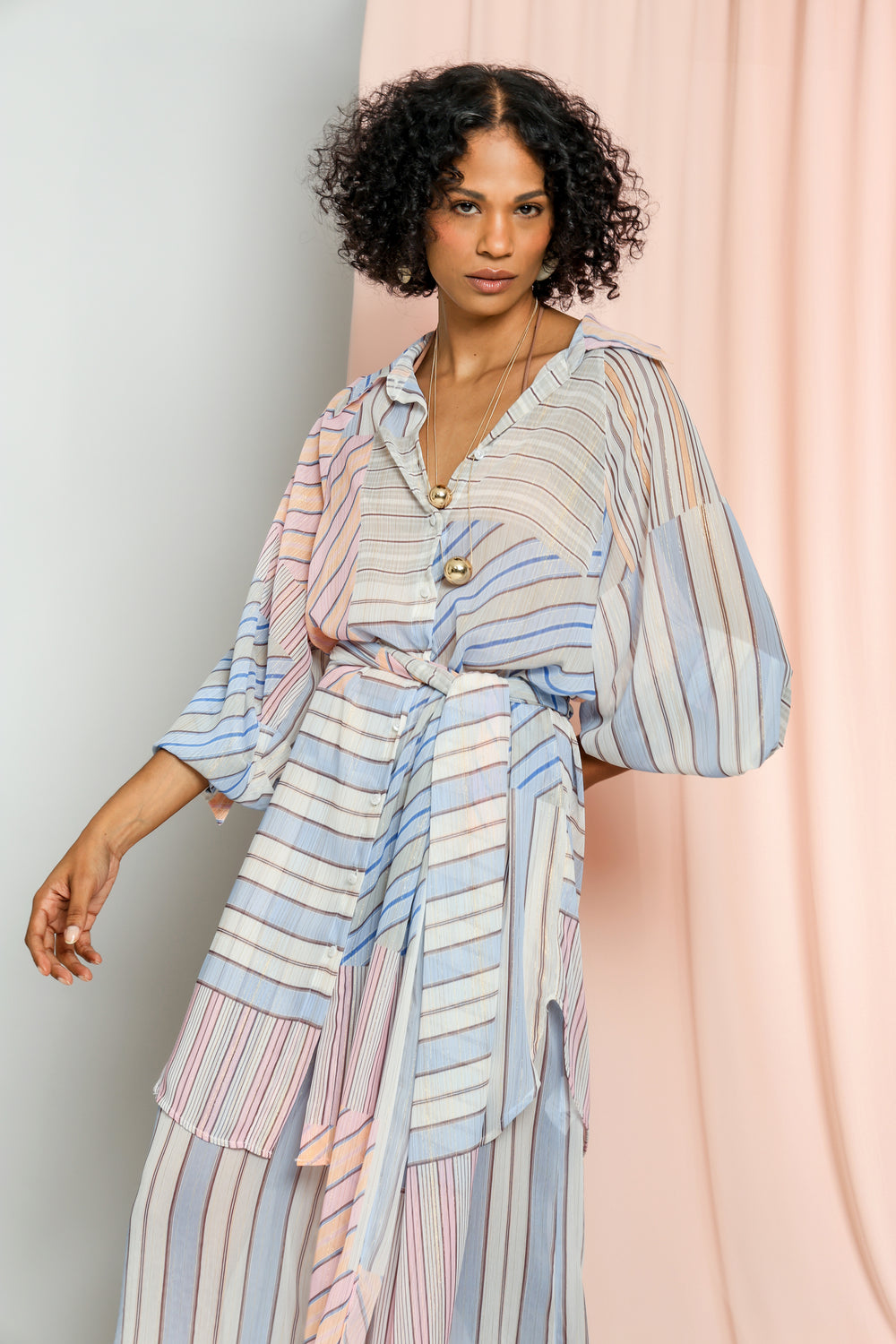Chemise Em Chiffon Metalizado Com Lenço Franzido TRIMIX