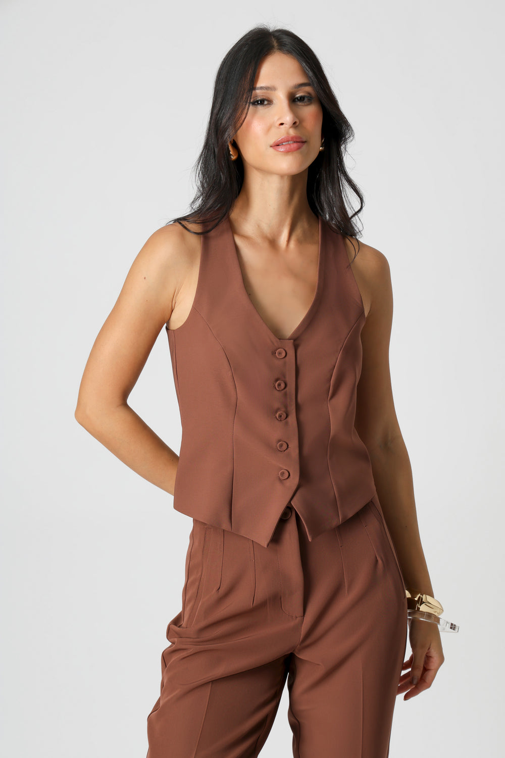 Colete Alfaiataria Com Botões - TABACO