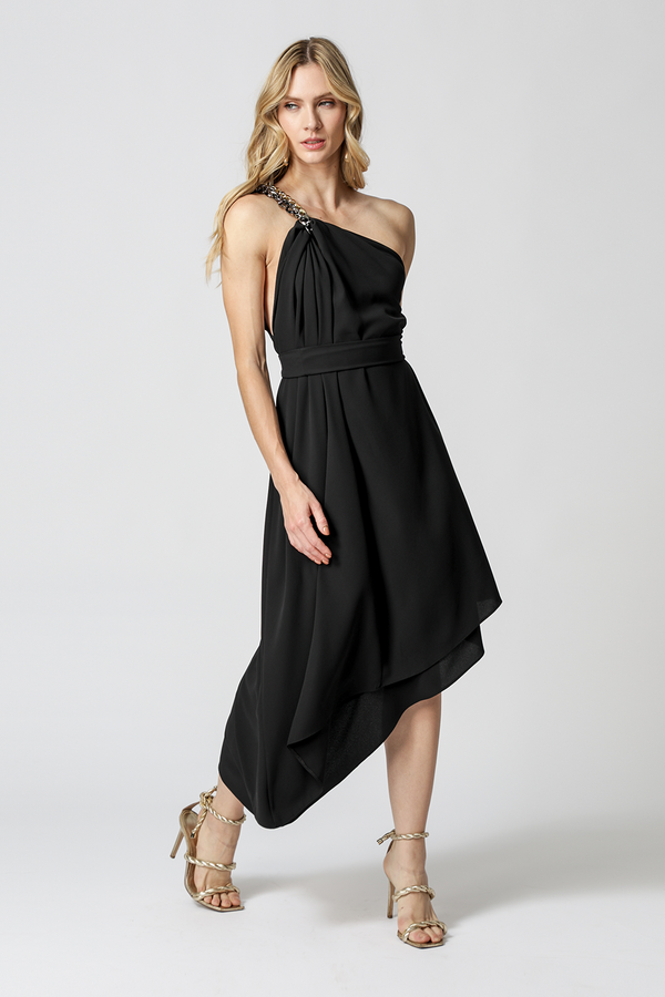 Vestido Assimétrico Ombro Corrente - PRETO