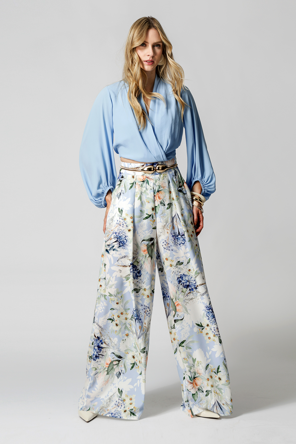 Calça Pantalona Estampada - AZUL CLARO 1221