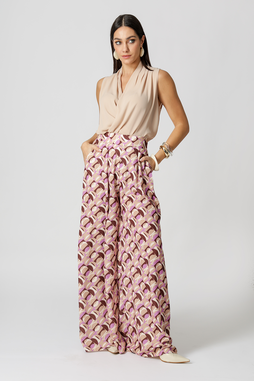 Calça Pantalona Estampada - MARROM 7207