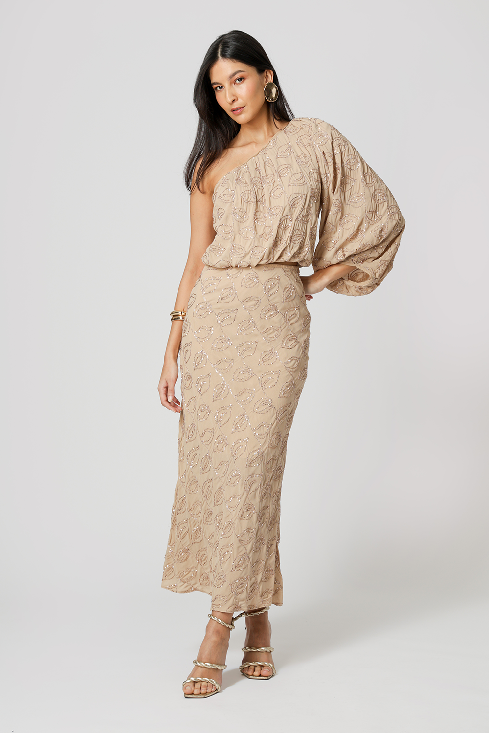 Saia Midi Sereia Paetê Folhas - AREIA 90168