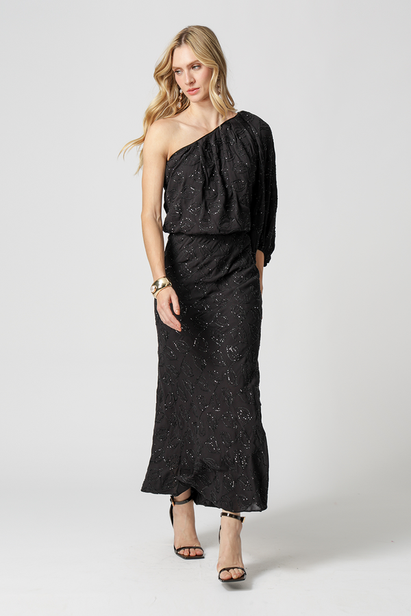 Saia Midi Sereia Paetê Folhas - PRETO 90168