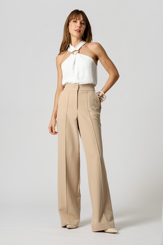 Calça Pantalona Com Vinco - AREIA