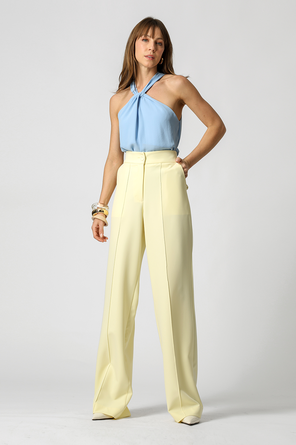 Calça Pantalona Com Vinco - AMARELO CL