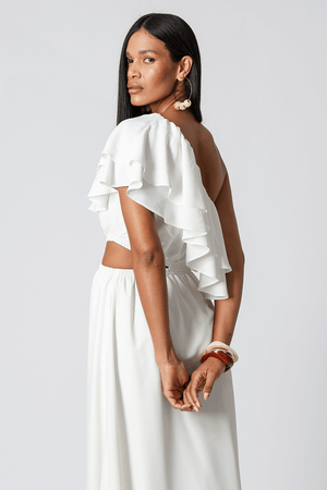 Vestido Com Babados e Abertura Lateral - OFF WHITE