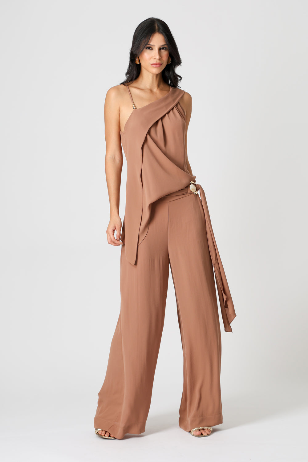 Calça Pantalona com Cinto Marmorizado - MARROM