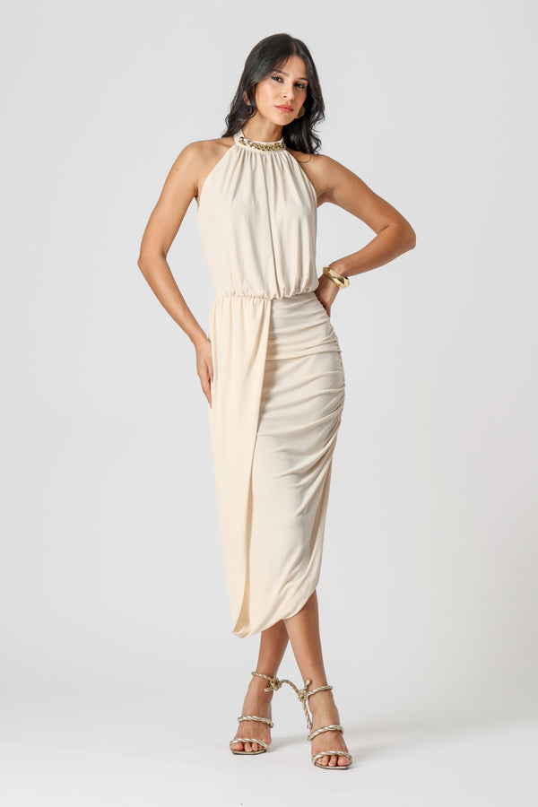 Vestido Midi Blusado Com Detalhe Torcido